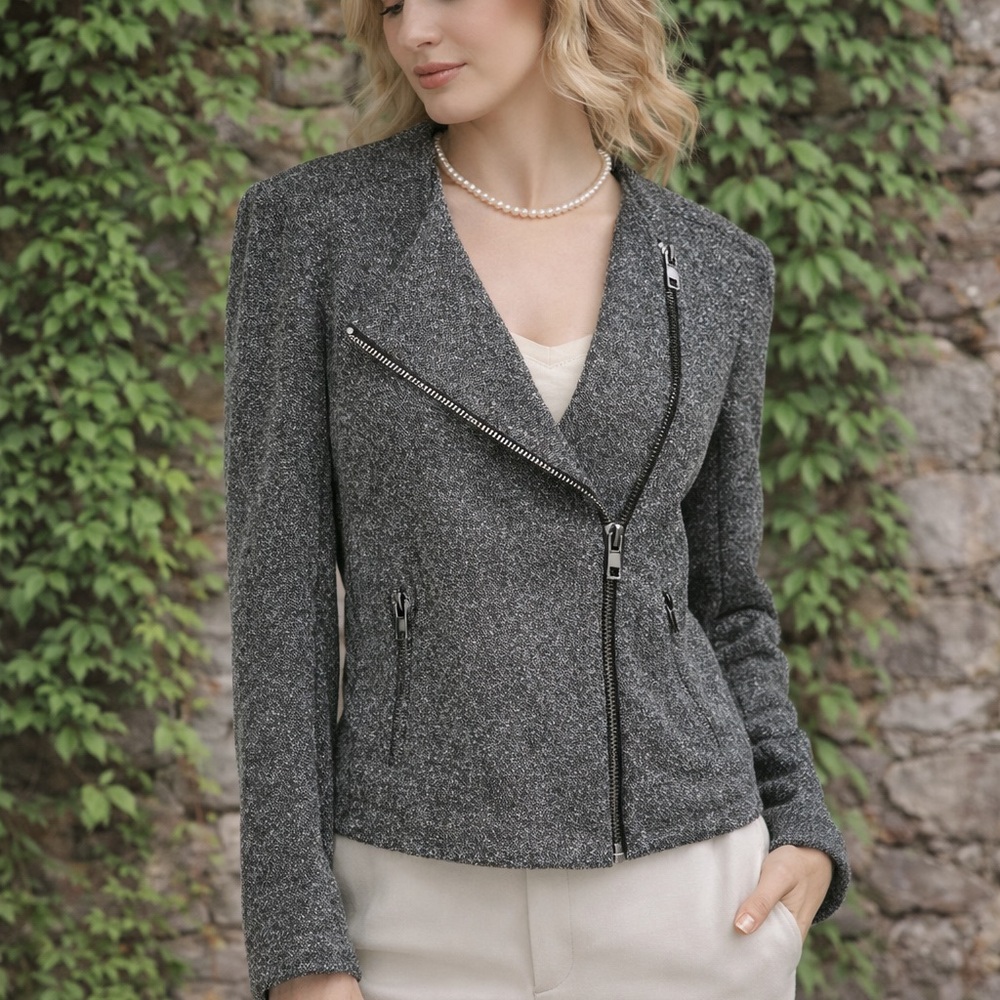 CATHERINE MALANDRINO Gray Quiet Luxury Tweed Moto Designer Zip Front Jacket, L